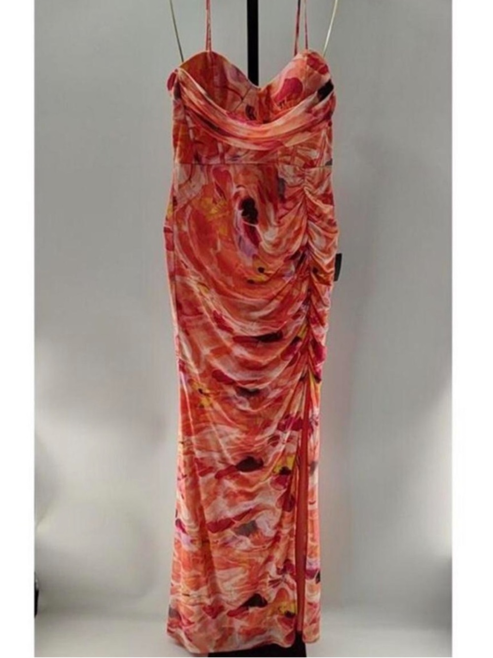 Lulu's Coral Pink Printed Ruched Maxi Dress with Slit - Picture 5 of 5